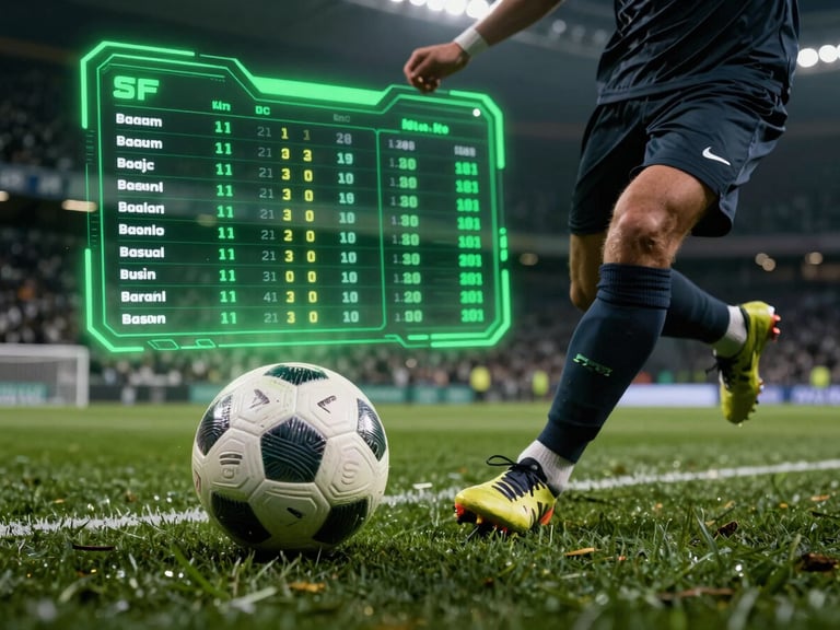High-resolution close-up of a football match action, a player kicking a glowing ball under moody stadium lighting, sharp neon green backlighting, high contrast, dynamic sports-tech dashboard overlay showing live statistics, landscape aspect.