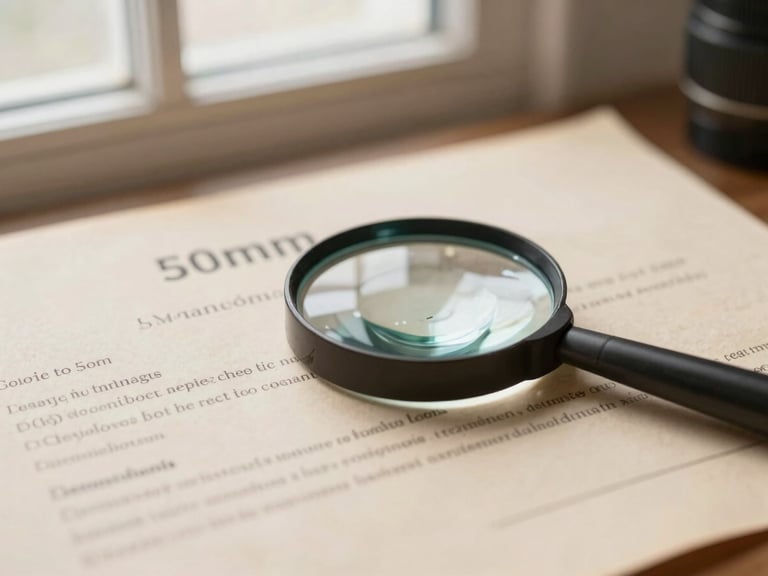 Close-up of a pedigree certificate with a magnifying glass over genetic markers, soft window light, warm parchment tones, 50mm lens