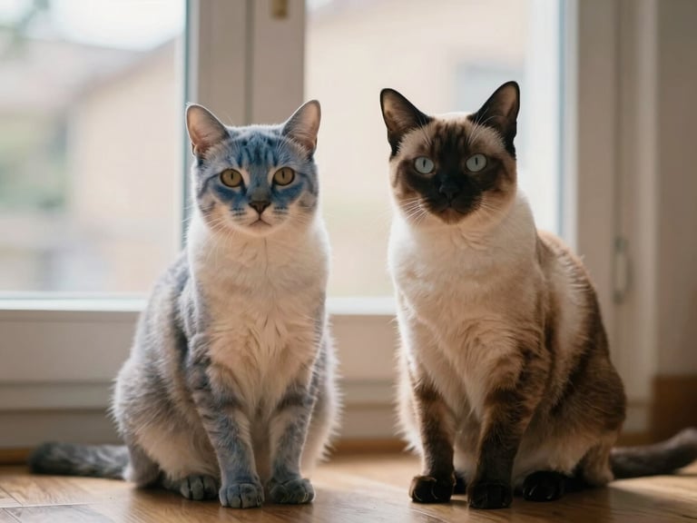 Two elegant pedigree cats, one blue-point and one seal-point, sitting calmly together in a sunlit room, warm editorial photography, 50mm lens