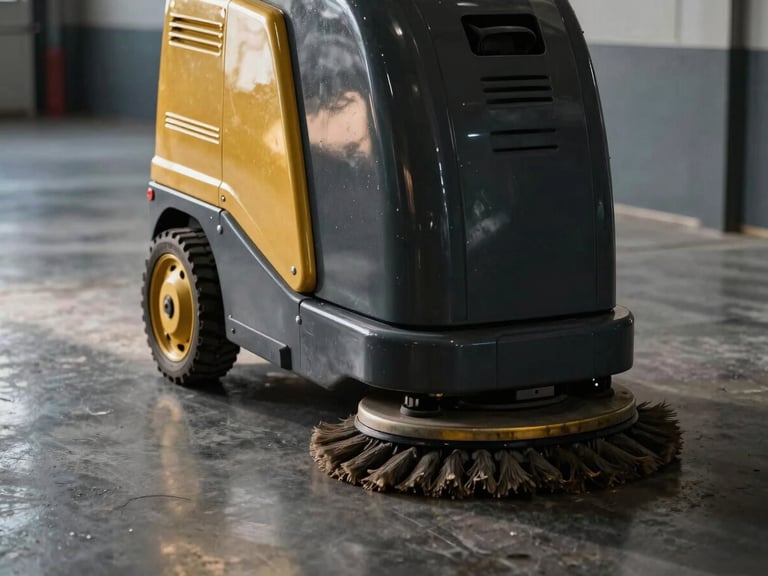 Industrial floor scrubber machine cleaning a wide polished concrete corridor, dramatic side lighting, gold accents