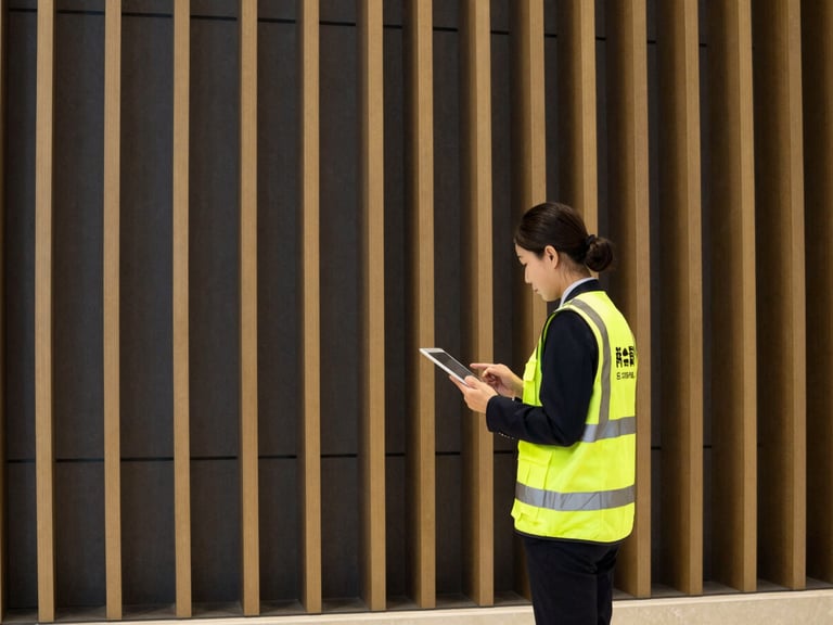 A professional supervisor in a high-visibility branded vest holding a tablet, inspecting a spotless modern building lobby