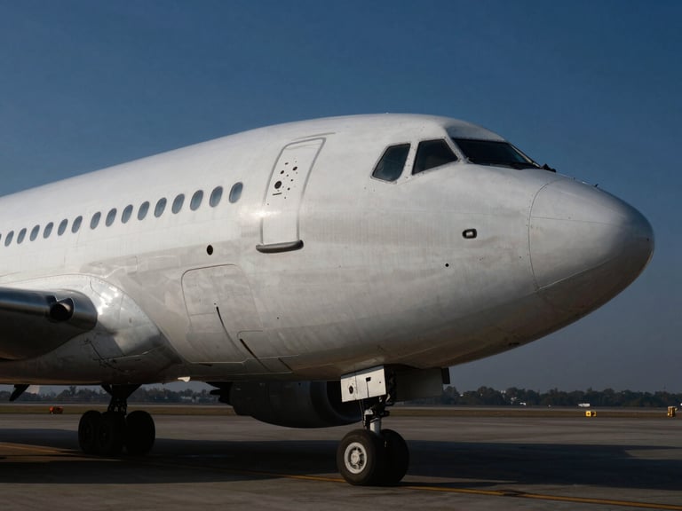 Dramatic early morning light on a cargo plane nose cone parked on the IGI Airport tarmac, steel tones, sharp focus.