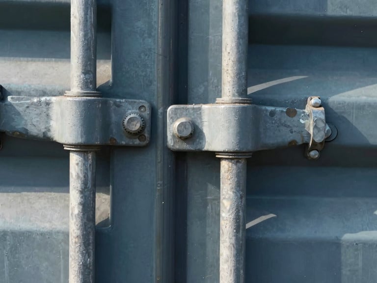 Macro close-up of heavy industrial steel bolt seals on a shipping container door, sharp focus, cool steel tones.