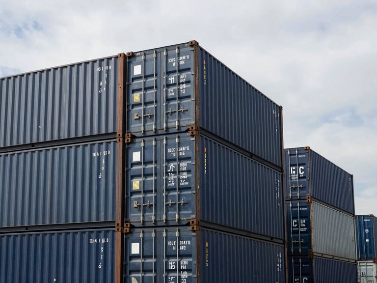 High-contrast wide environmental shot of stacked shipping containers at ICD Tuglakabad under an overcast industrial sky, 35mm.
