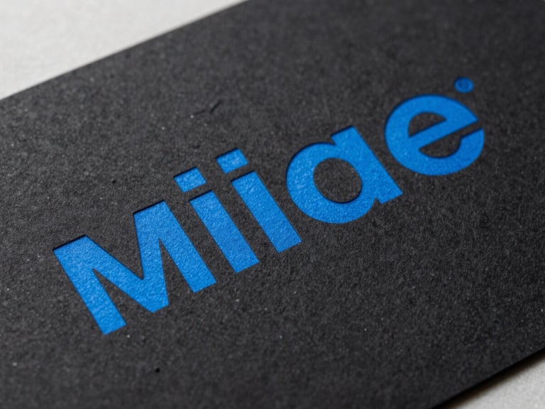 Macro crop of physical brand collateral, heavy black paper stock with debossed electric blue typography, hard studio key light, sharp angles