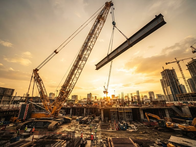 Dramatic low-angle shot of a massive crawler crane lifting a steel beam on an industrial construction site, golden hour daylight, high-contrast rich tones, wide-angle lens, sharp details.