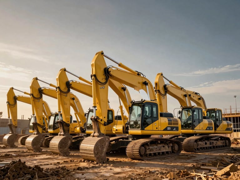 A row of modern yellow excavators lined up on a construction site, clean industrial machinery, dramatic lighting.