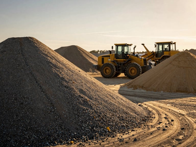 Industrial material depot with mounds of graded aggregate, gravel, and sand, a front loader operating in the background, sharp details.