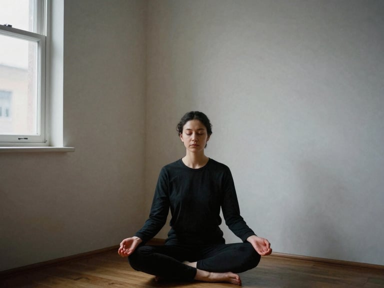 Minimalist editorial photograph of a person meditating in a quiet corner of an urban apartment, soft shadows, diffused natural light, 35mm, muted tones.