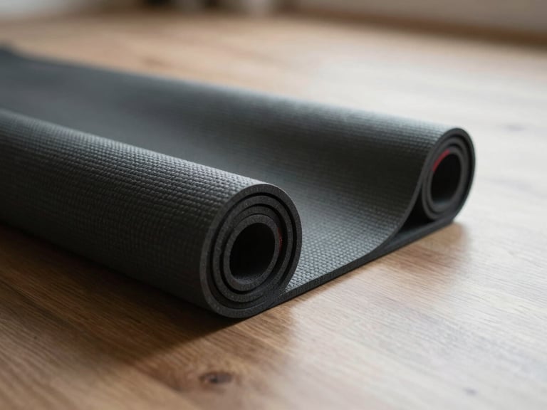 Close-up of a yoga mat unrolled on a clean wooden floor in a studio, soft diffused light, focus on texture, minimalist editorial photography, muted tones with stark black and red accents, 35mm.