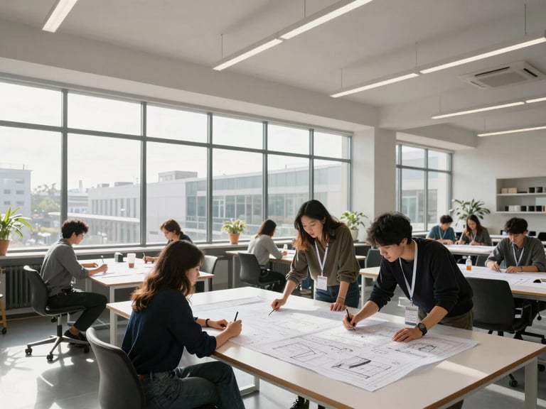 Wide shot of a modern clean architecture studio, bright natural daylight streaming through large windows, students collaborating over physical blueprints on large white tables.