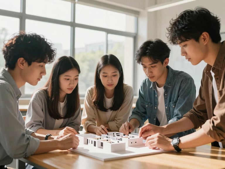 Medium close shot of university students collaborating over a 3D architectural model on a wooden table, bright natural morning light streaming through high windows, focused expressions.