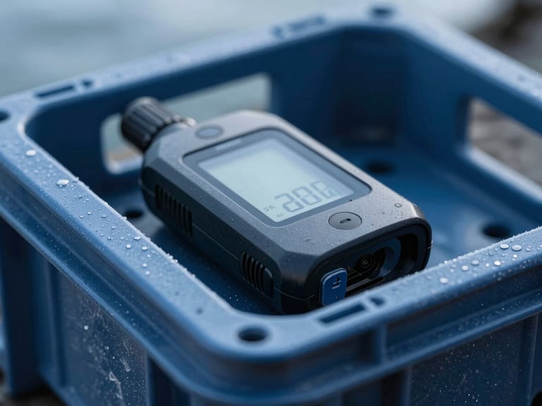Close-up of a digital tracking device on a seafood crate, deep blue tones, technical aesthetic, cool light.