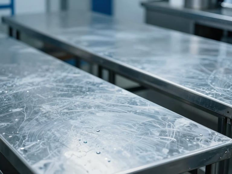 Clean stainless steel prep surfaces in a temperature-controlled logistics hub, cool high-contrast lighting, icy silver tones.