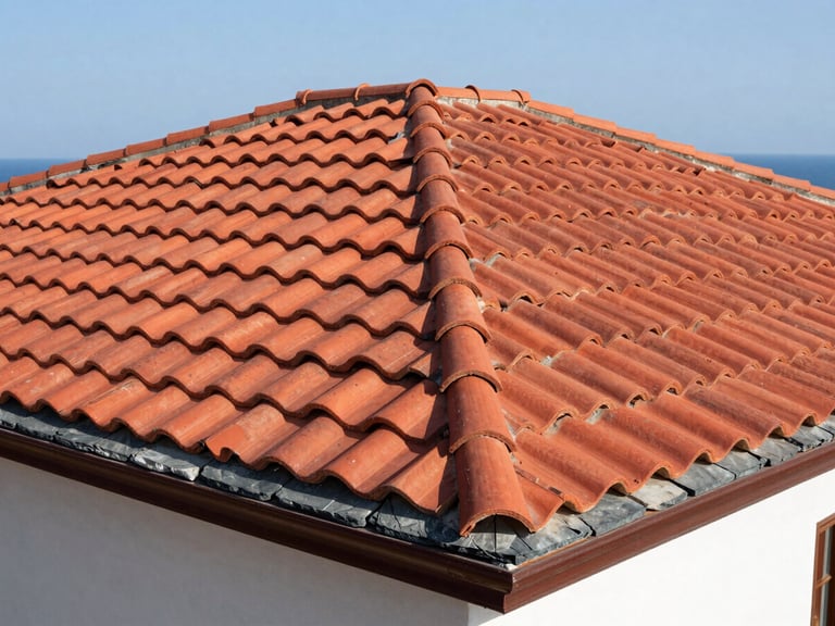 High-angle architectural photo of perfectly aligned red terracotta roof tiles on a Sığacık villa, bright Aegean daylight, crisp shadows, professional roofing craftsmanship