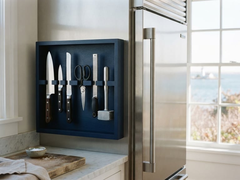 Bright natural coastal daylight illuminating neatly organized professional tools next to a high-end stainless steel refrigerator door, crisp editorial photography