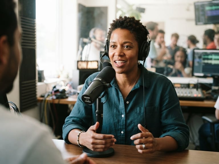 Eye-level medium shot of a disabled community organizer speaking passionately into a broadcast microphone in a bright daylight-filled studio, sharp focus, authentic documentary style.