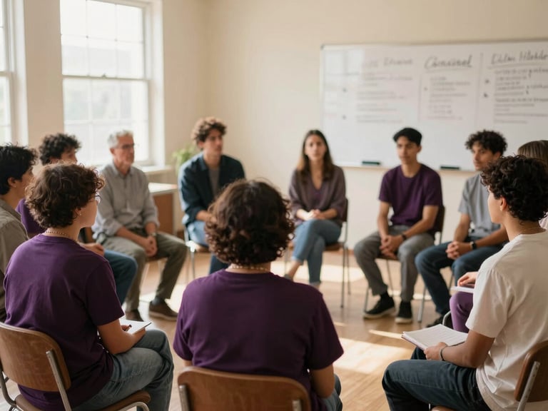 A warm, sunlit community center room with people sitting in a circle, engaged in discussion, a whiteboard with handwritten notes in the background, shallow depth of field, 35mm