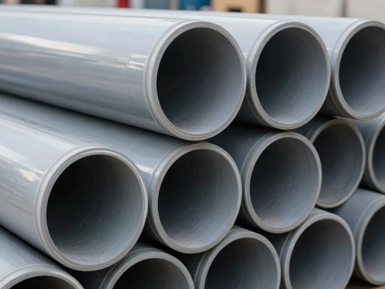 Macro shot of stacked large-diameter grey UPVC pipes in an Omani warehouse, cool daylight reflecting off clean plastic rims, high-contrast technical framing