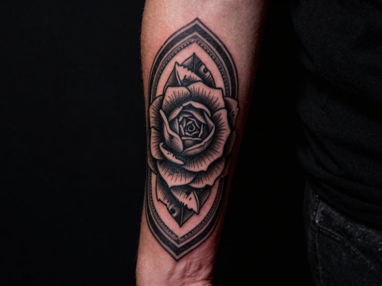 Close-up of a detailed blackwork tattoo on a forearm, moody studio lighting with a subtle red glow, sharp details, 35mm lens