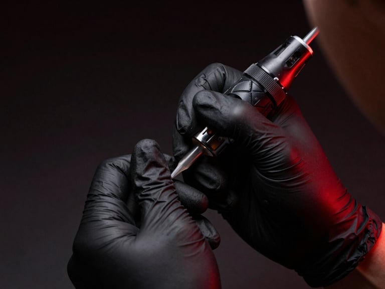 Macro shot of a tattoo artist's hands with black gloves meticulously preparing a needle cartridge, dramatic red side-lighting, dark background