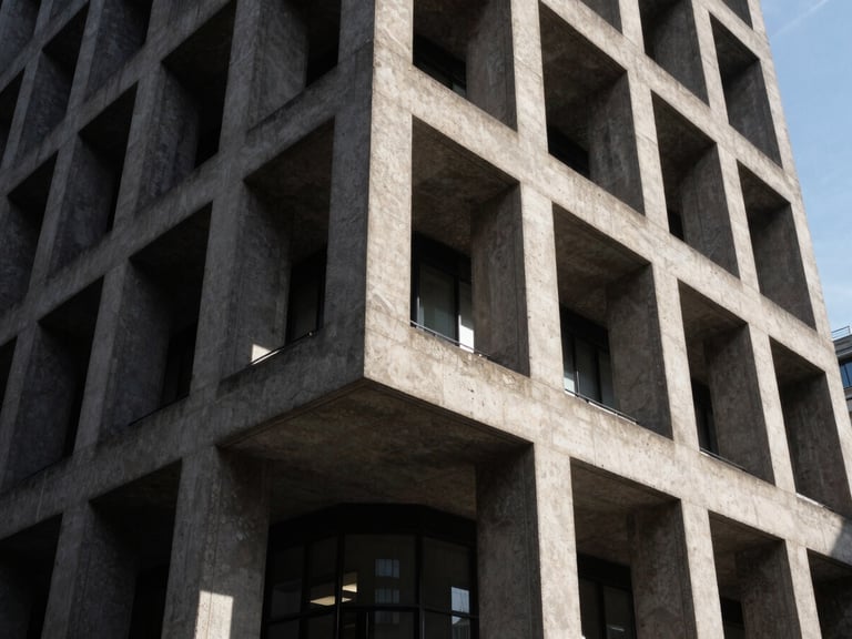 Low-angle heroic shot of a brutalist concrete building in London, hard directional daylight casting sharp geometric shadows across raw stone surfaces, 35mm lens