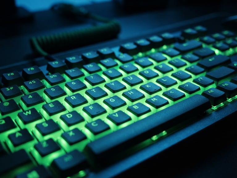 Close-up of a mechanical keyboard with glowing neon-green keycaps, shallow depth of field, moody blue ambient light, crisp high-contrast details, 35mm