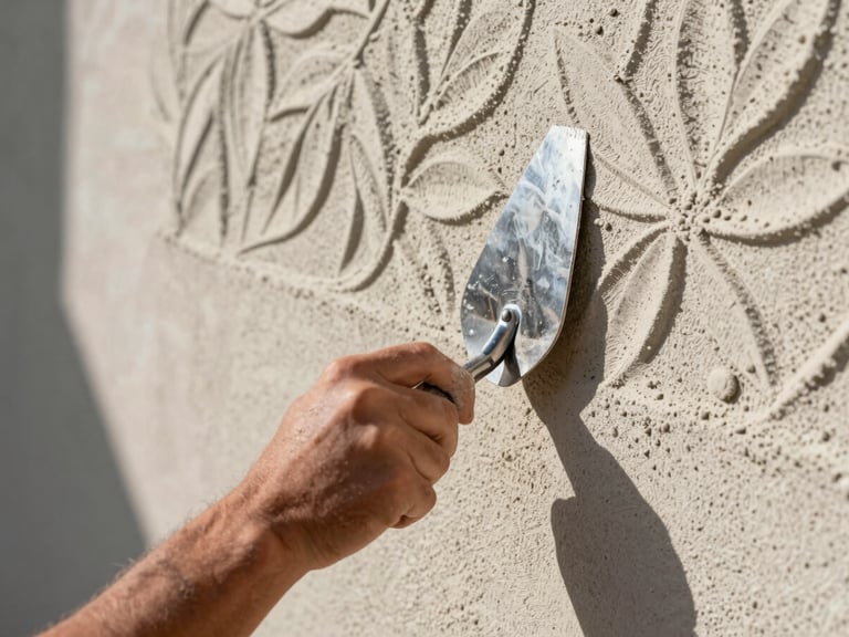 Tight close-up of a craftsman's hand holding a steel trowel, carefully matching a complex sand-float stucco texture on an exterior wall, bright midday Florida sun casting crisp shadows on the plaster.
