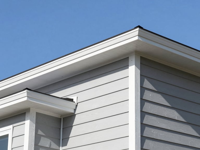 Crisp architectural photograph of newly installed light-grey vertical siding and clean rooflines against a clear blue sky, bright daylight.