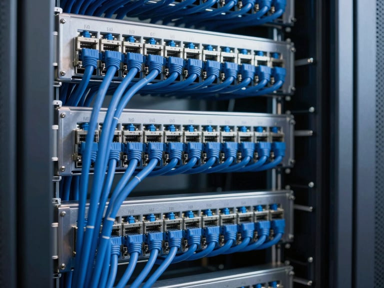 Clean, organized structured cabling in a server room, blue network cables neatly bundled, cool industrial lighting, high-contrast, 35mm lens