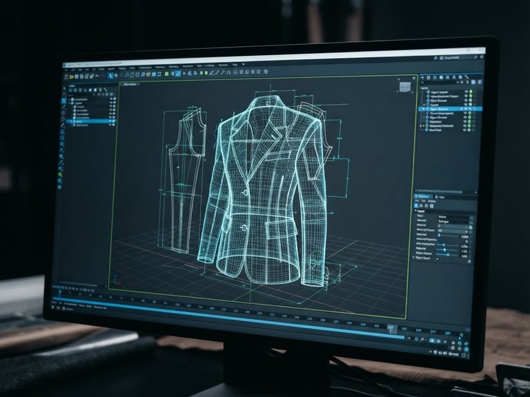 A high-contrast digital screen displaying a 3D apparel rendering software, showing wireframe CAD lines of a structured jacket, cool blue and acid-lime interface elements on a dark charcoal background, sharp focus.