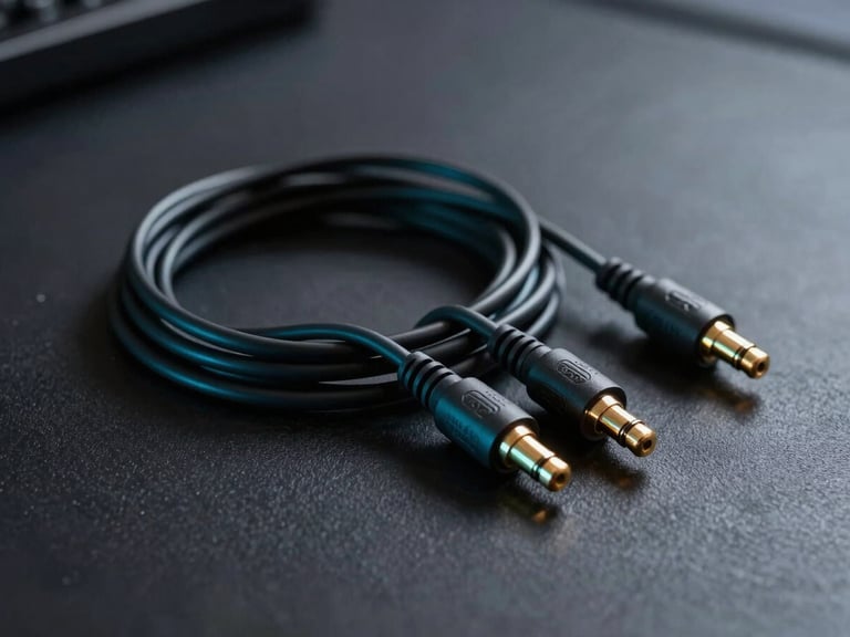Sleek matte-black audio cables with gold-plated connectors neatly coiled on a dark textured surface, dramatic cyan side lighting, shallow depth of field.