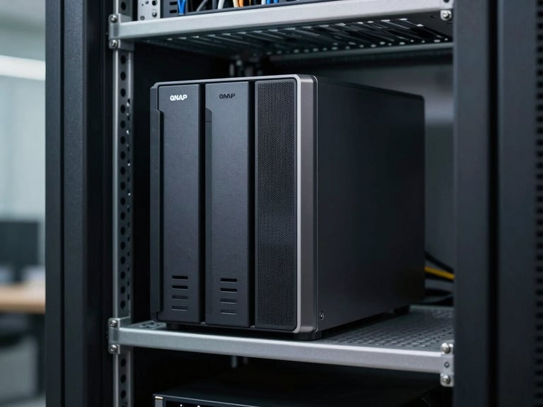 Medium shot of a QNAP NAS server unit in a clean server rack, office environment with structured cabling visible, accurate studio lighting rendering hardware detail clearly, no people, purposeful technical framing