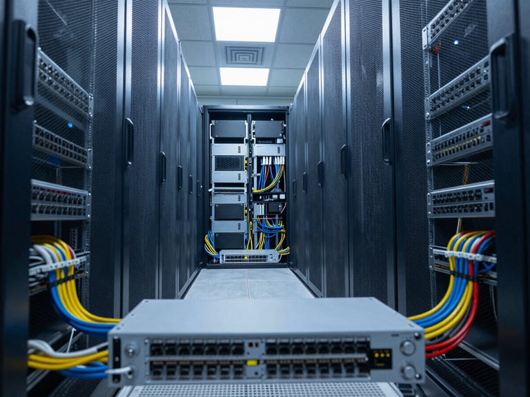 Wide environmental shot of a server room corridor, racks of networking hardware under cool blue-white overhead lighting, cables organized precisely in trays, shot from mid-aisle looking straight ahead, sharp focus on patch panels in foreground