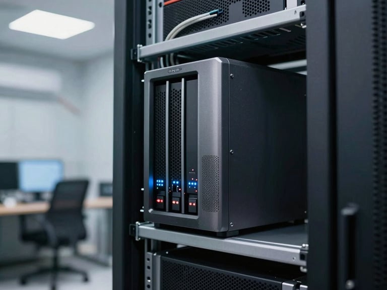 Medium shot of a QNAP NAS unit and server rack in a tidy server room adjacent to a Kenyan office, equipment LEDs visible, cable management neat, cool white overhead lighting, no people, focus on hardware infrastructure