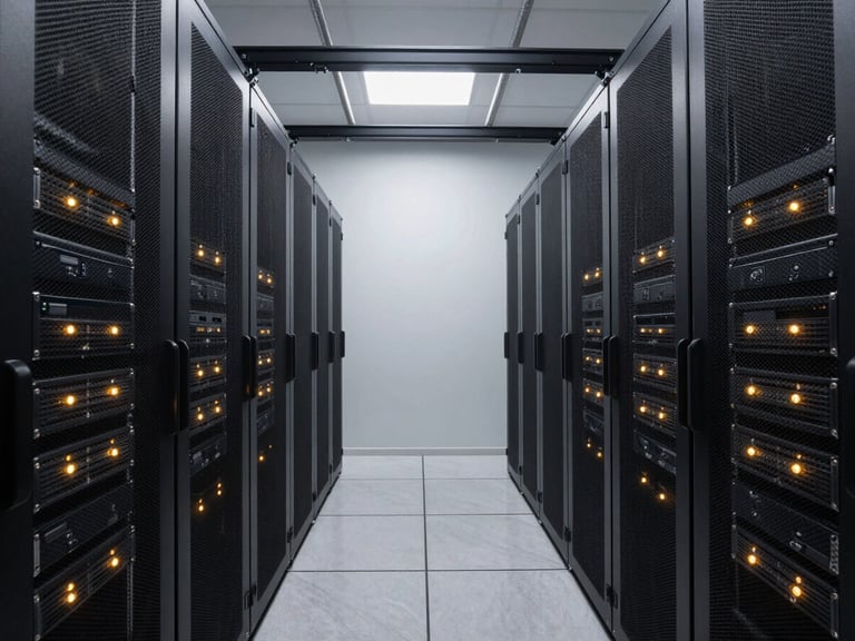 Symmetrical wide shot of a modern enterprise server room, sleek black racks with warm gold status indicator lights, clean architectural perspective