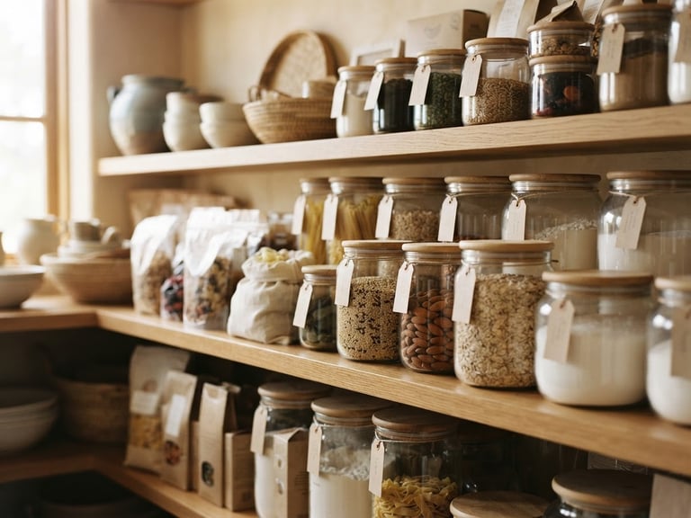 Warm editorial photography of neatly organized pantry shelves with clean glass jars and packaged dry goods, soft coastal daylight, shallow depth of field, 35mm.