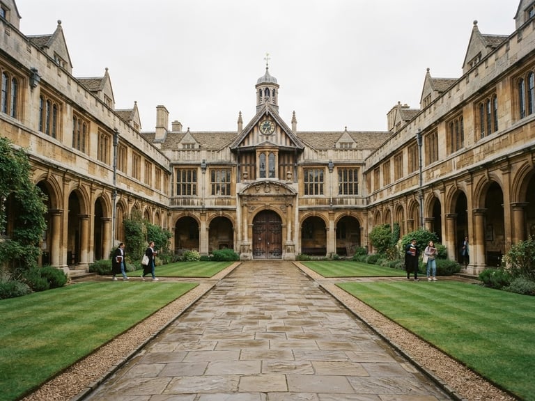 Symmetrical wide angle architectural shot of a historic European university courtyard under soft overcast daylight, stone arches, muted scholarly tones