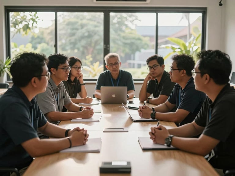Warm natural sunlight filtering through windows onto a professional collaborative workshop in Indonesia, showing diverse community leaders and educators engaged in active structured discussion around a table.