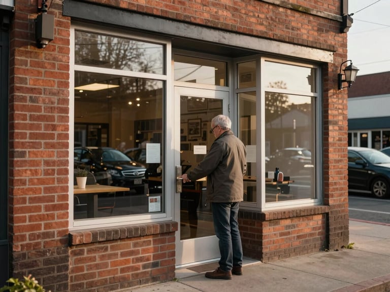 Wide shot of a local business storefront at opening time, owner unlocking the front door, warm morning light across brick facade, street visible in background with parked cars