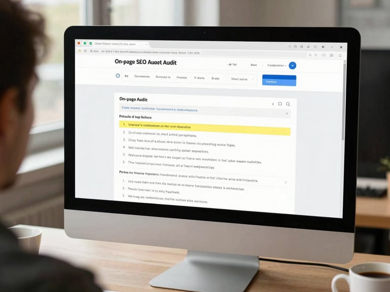 Over-the-shoulder view of a desktop monitor showing a website's on-page SEO audit tool with highlighted keyword fields, natural office window light, a coffee mug partially visible at the edge