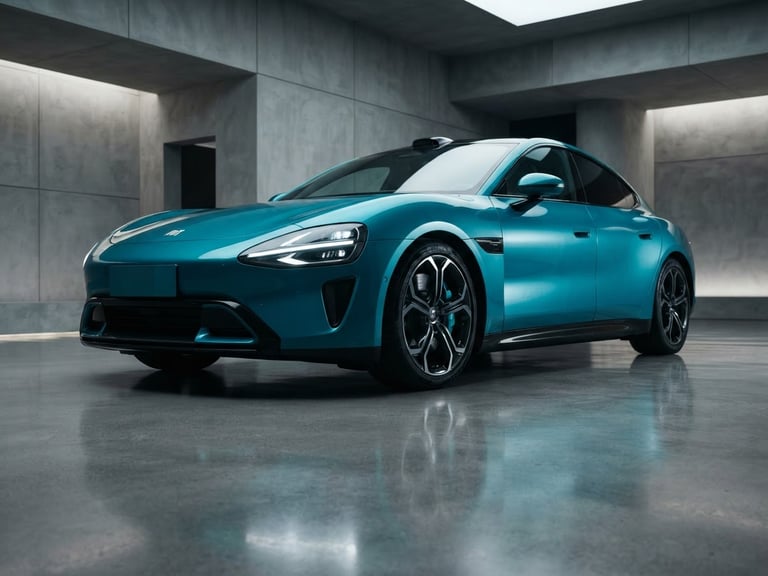 Low-angle heroic shot of a metallic teal Xiaomi SU7 parked in a minimalist concrete showroom, dramatic reflections, sharp details, 35mm lens