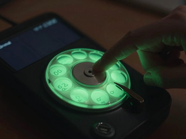 Macro close-up of a modern Android screen displaying a glowing green neon rotary dial in a dark room, fingers adjusting the edge, shallow depth of field