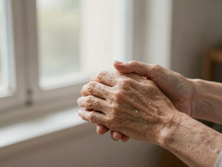 Warm editorial photography of a supportive hand gently holding an elderly hand, soft natural window light, shallow depth of field, authentic