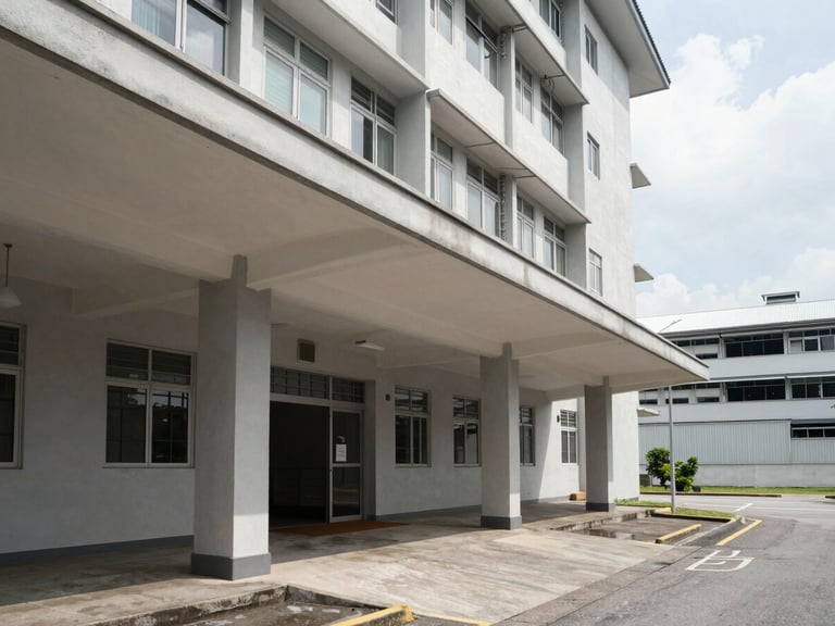 Wide environmental shot of a dormitory building entrance and covered walkway in Singapore, practical daylight, no people, showing actual exterior condition, signage partially visible, industrial neighbourhood visible in background to the right