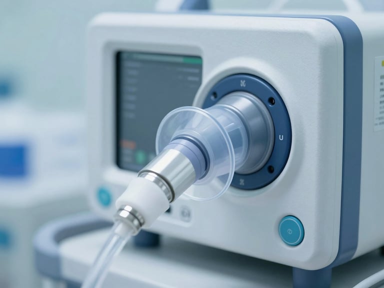 Macro shot of a high-end medical ventilator interface in a sterile ICU environment, cool blue and silver tones, clinical daylight, crisp details.