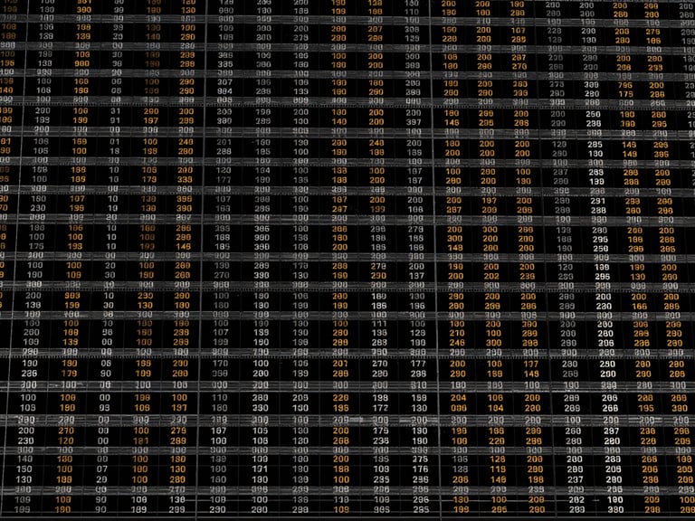 Stark digital rendering of a data matrix displaying predictive baseline values, monochromatic with tactical amber highlights, orthographic view.