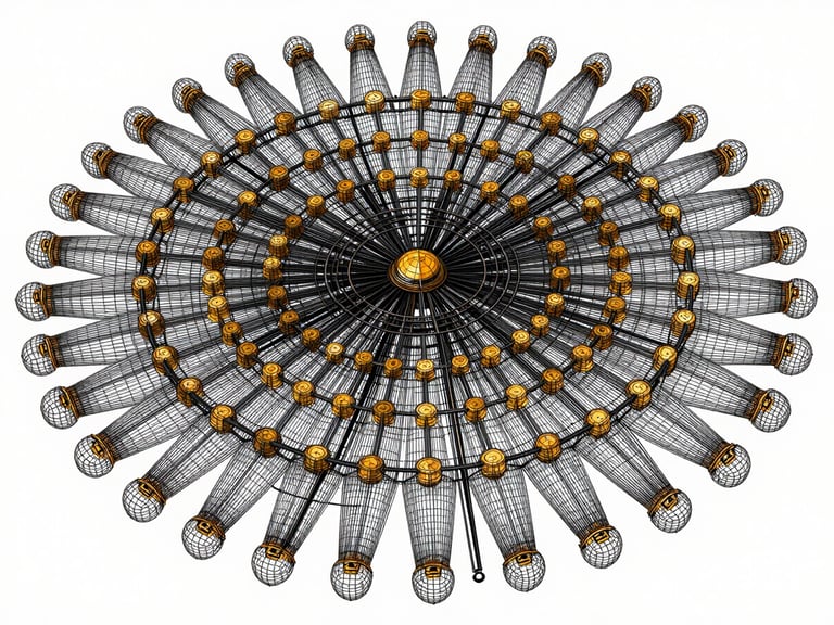 Technical diagram of interconnected system parameters, wireframe rendering with amber nodes, orthographic projection.