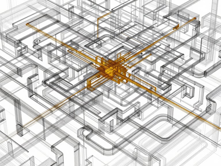 Abstract digital illustration of a complex algorithmic pathway, high-contrast wireframe with amber accents, orthographic projection.