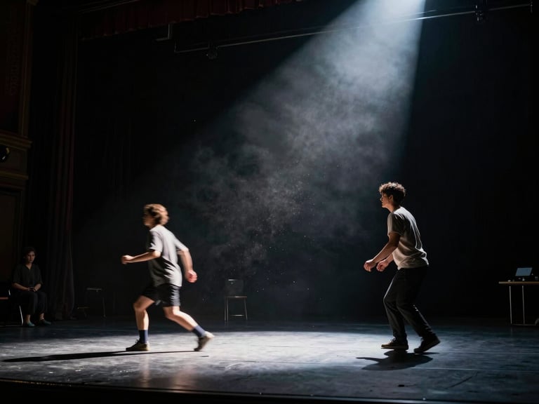 Wide cinematic shot of a dark theatre stage during rehearsal, dramatic low-key spotlight illuminating two actors in motion blur, dust motes visible in the beam, deep shadows surrounding